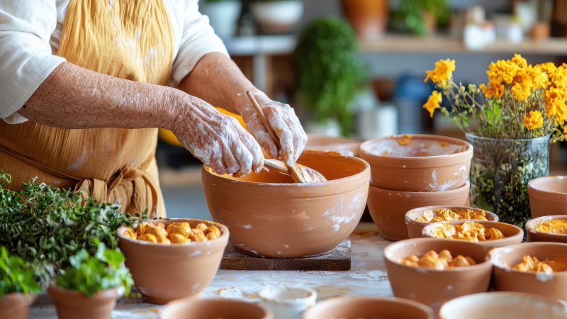 A diverse group engages in an intimate art therapy session focused on pottery, showcasing hands skillfully working with clay amidst vibrant flowers and a creative environment.